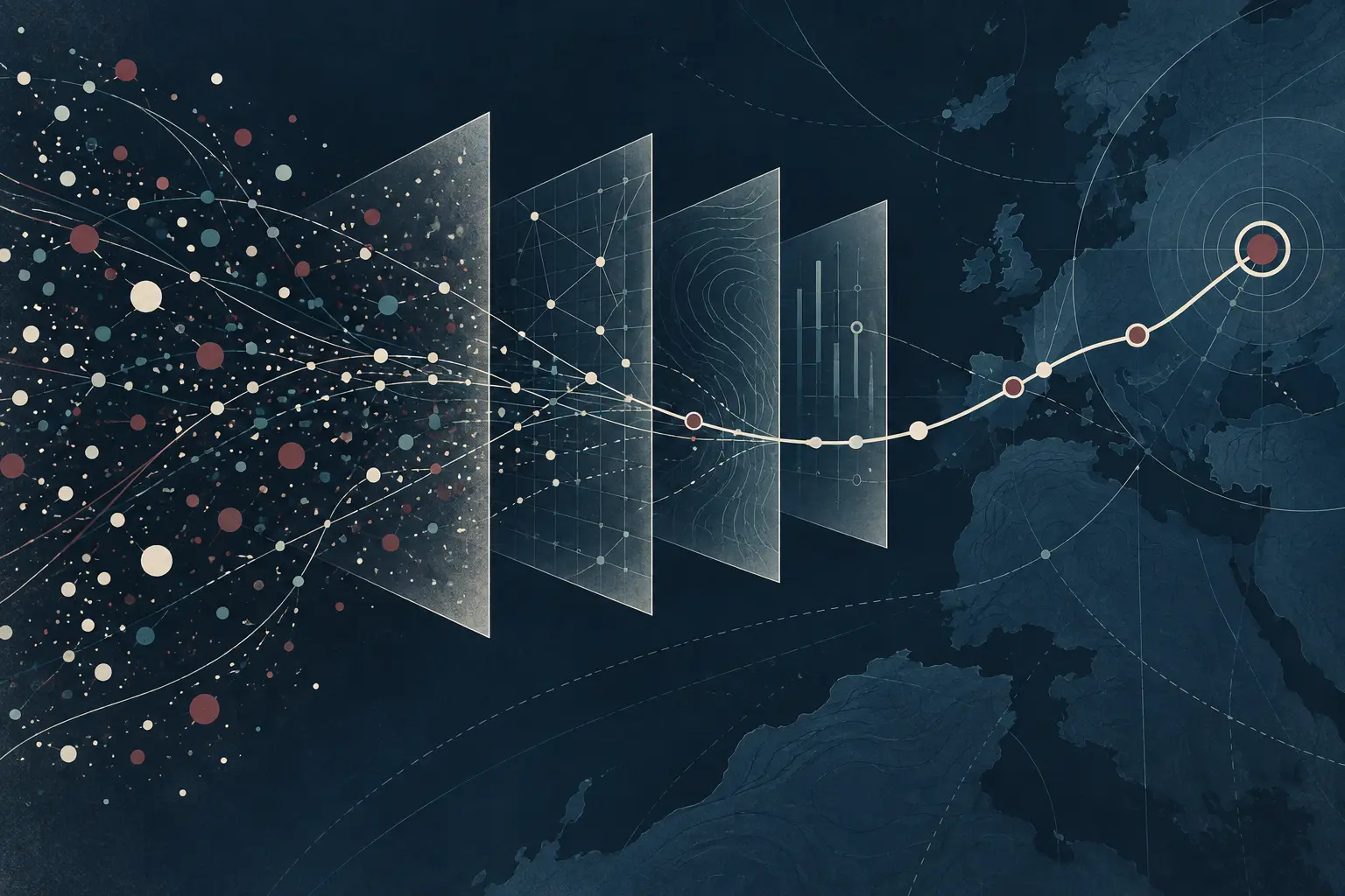 Illustrazione astratta: numerosi segnali attraversano livelli di analisi e convergono in un percorso verificabile sul contesto europeo.